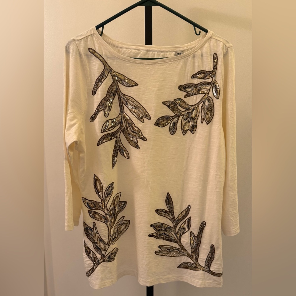 Tommy Bahama Forever Fronds Sequin Embellished Cream Top 100% Organic Cotton - Picture 2 of 10